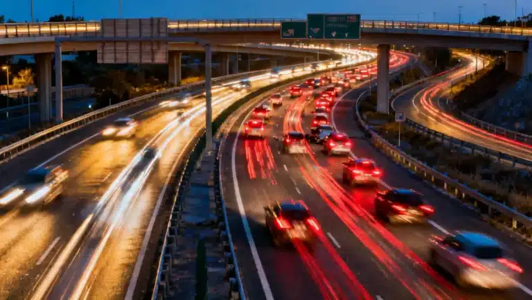 Modern highway at dusk with car lights, illustrating the need for transportation safety guidelines.