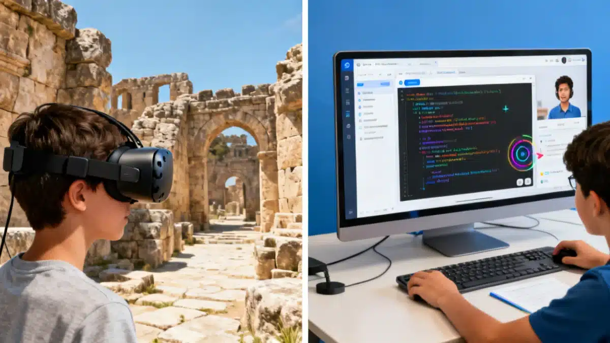 Students using VR for history and collaborative coding platforms, demonstrating diverse edtech engagement.