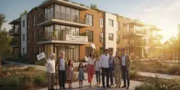Diverse community in front of modern affordable housing