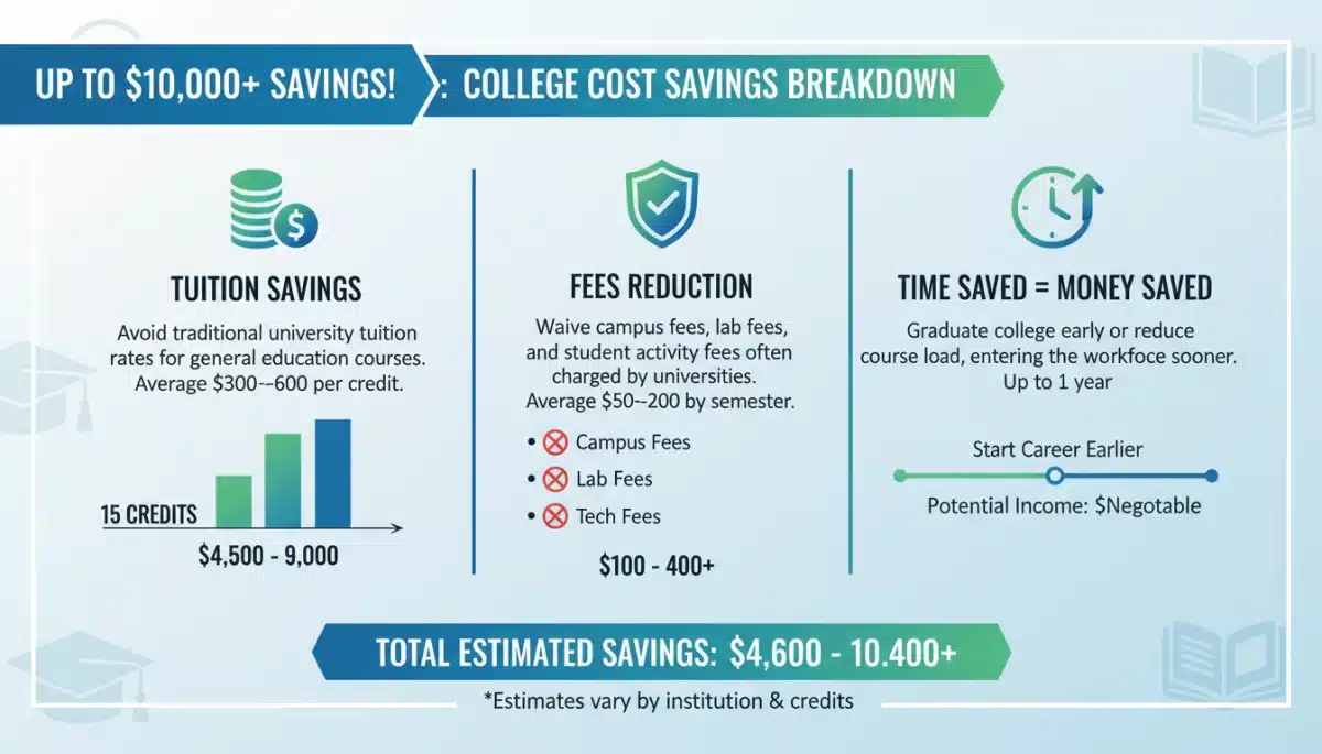 Infographic showing financial benefits and cost breakdown of dual enrollment programs