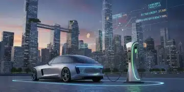 Electric vehicle charging at a station with city background, symbolizing new federal incentives for EV adoption and energy policy shifts.
