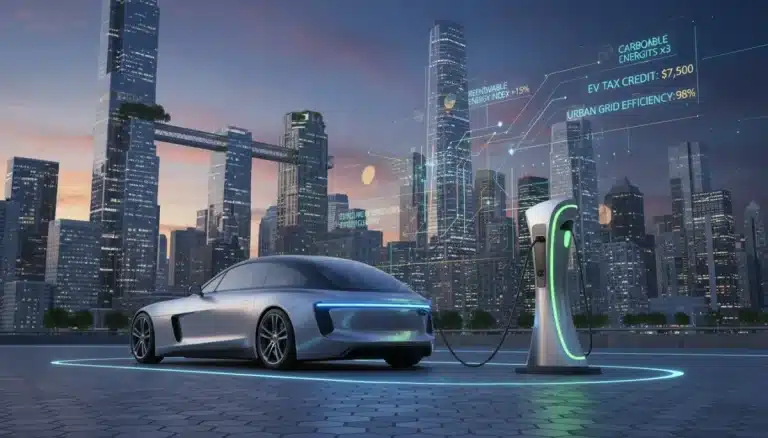 Electric vehicle charging at a station with city background, symbolizing new federal incentives for EV adoption and energy policy shifts.