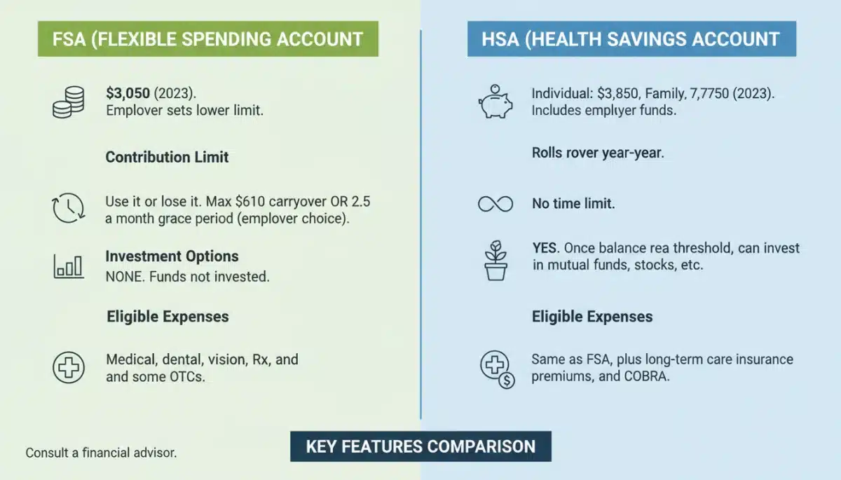 Infographic comparing FSA and HSA features and benefits