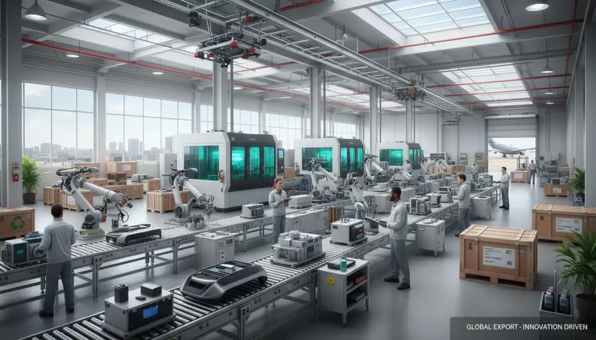Modern factory producing goods for international export, highlighting American manufacturing prowess.