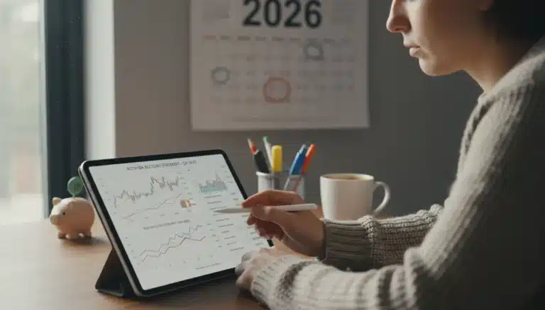 Individual reviewing Roth IRA statements and 2026 financial projections on a tablet for retirement planning.