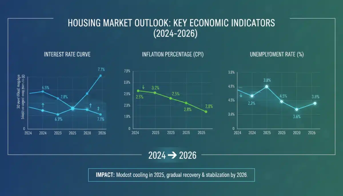 Infographic displaying economic indicators like interest rates, inflation, and unemployment impacting the 2026 US housing market.