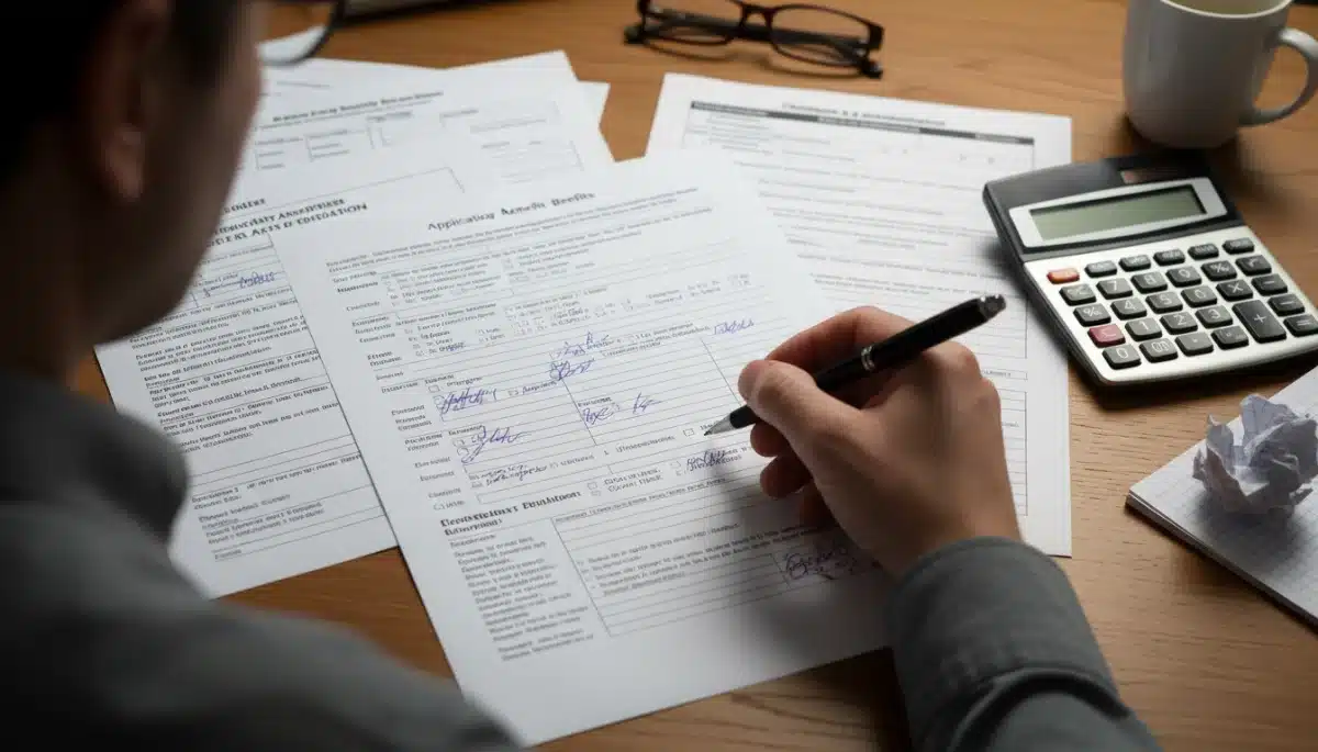 Person meticulously filling out disability benefits application forms