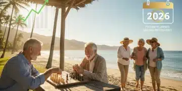 Happy senior couple smiling, enjoying retirement with a backdrop of financial security symbols