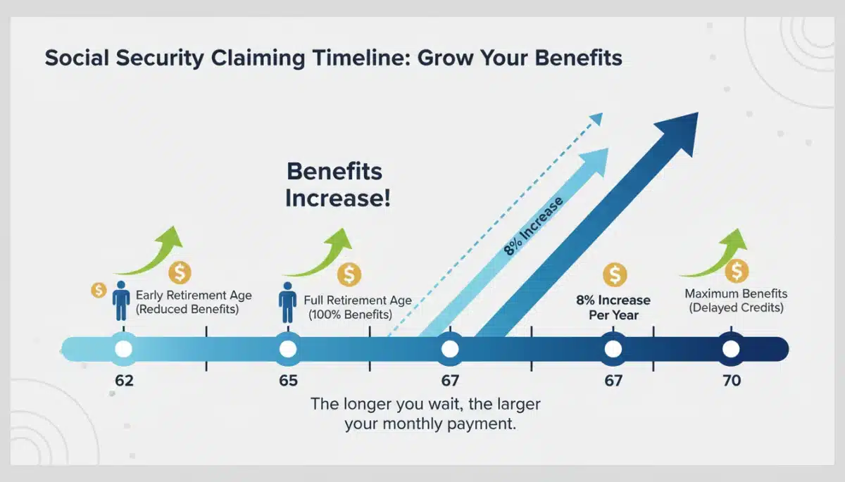 Social Security claiming age timeline illustrating benefit growth at different ages