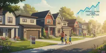 Modern suburban neighborhood with 'Sold' signs, representing a thriving US real estate market forecast for 2026.