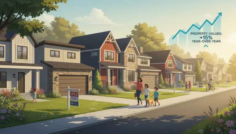 Modern suburban neighborhood with 'Sold' signs, representing a thriving US real estate market forecast for 2026.