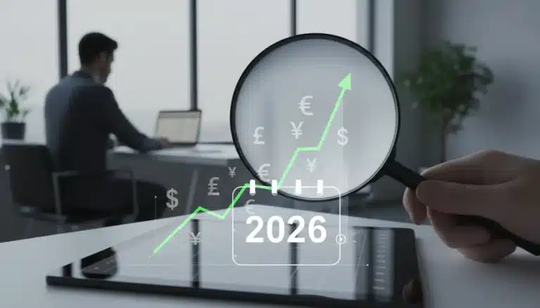 Financial chart with magnifying glass and 2026 calendar, symbolizing inflation forecast and personal finance planning.