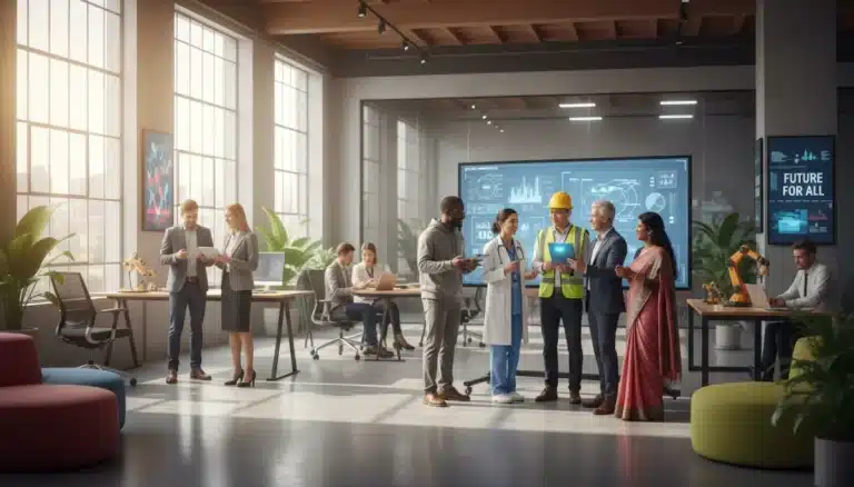 Professionals collaborating in a modern office, representing a strong and diverse 2026 job market.