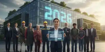 Diverse group of job seekers in 2026, seeking unemployment benefits outside a modern government office.