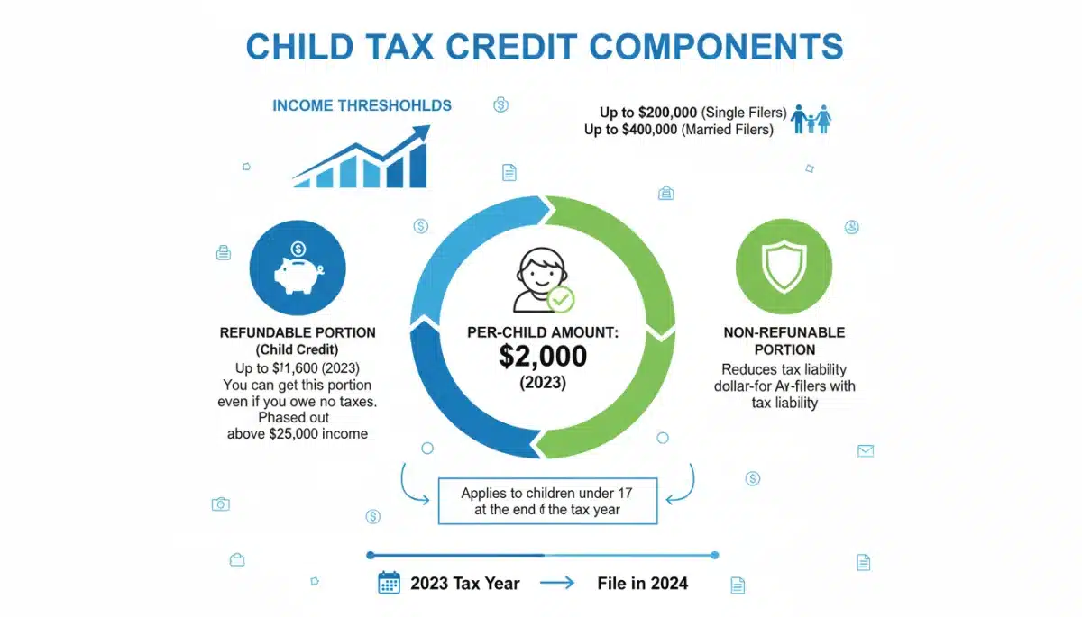 Infographic detailing Child Tax Credit components and eligibility criteria