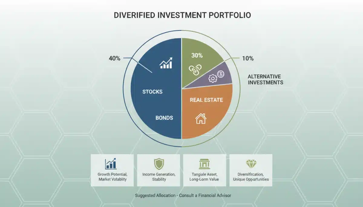 Infographic showing diversified investment portfolio across asset classes