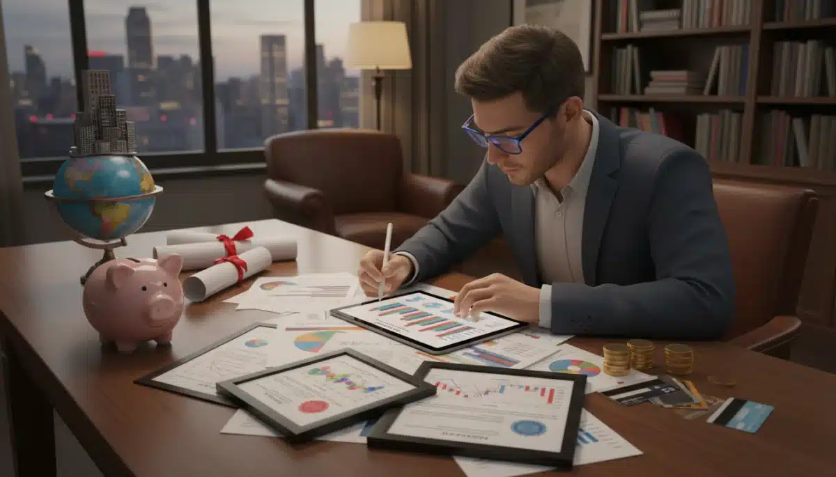 Person reviewing financial documents and investment portfolios, symbolizing active financial management and diversification.