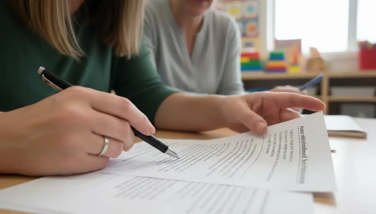 Parent and teacher reviewing an Individualized Education Program (IEP) document.