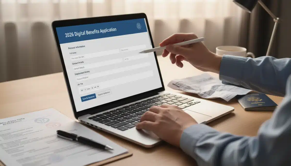 Hands filling out an online unemployment benefits application form on a laptop in 2026.