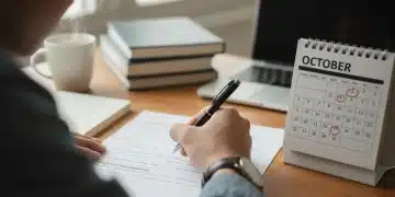 Student filling out scholarship application form with October calendar visible