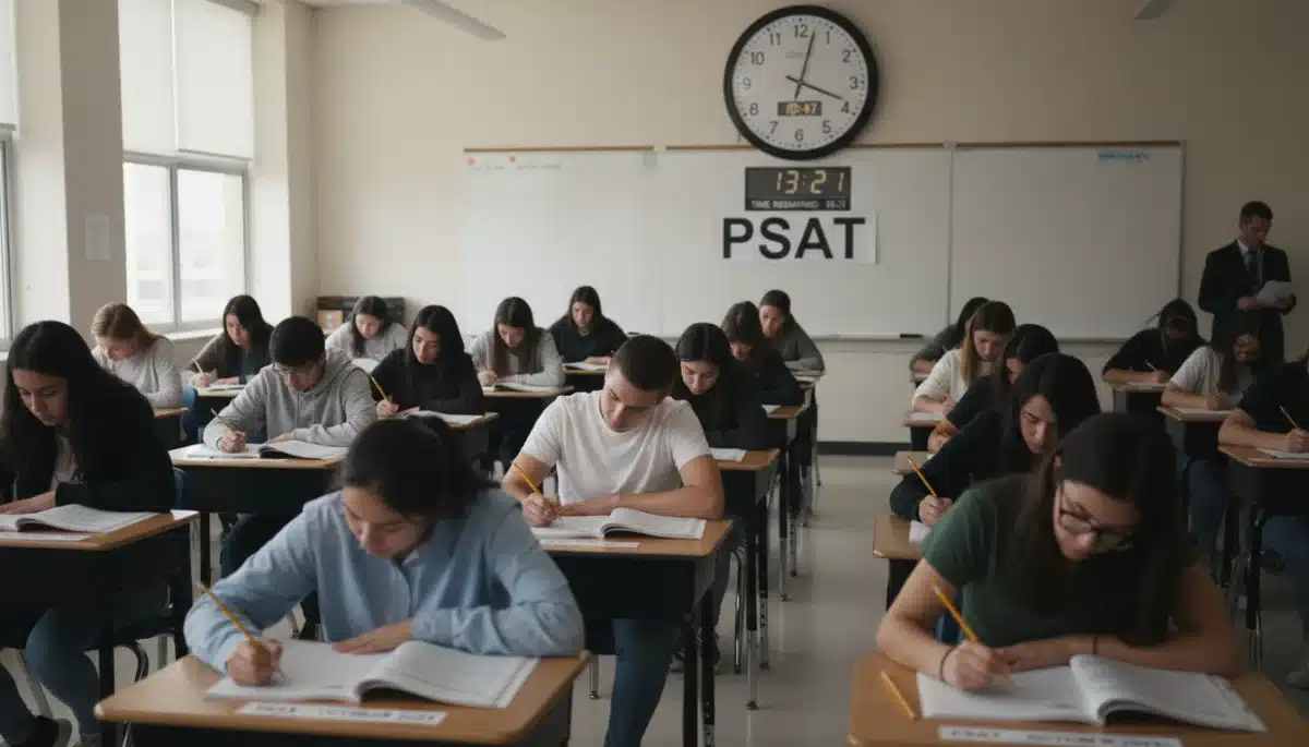 High school students diligently taking the PSAT/NMSQT in a quiet classroom