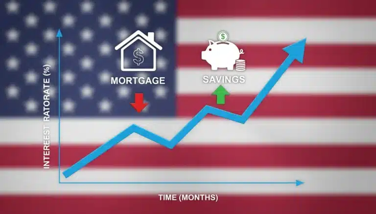 Graph showing rising interest rates impacting mortgages and savings in 2026, with US flag background.
