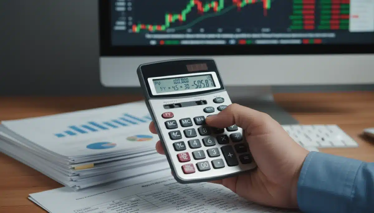 Hand using a calculator to assess interest rate changes and their financial implications.