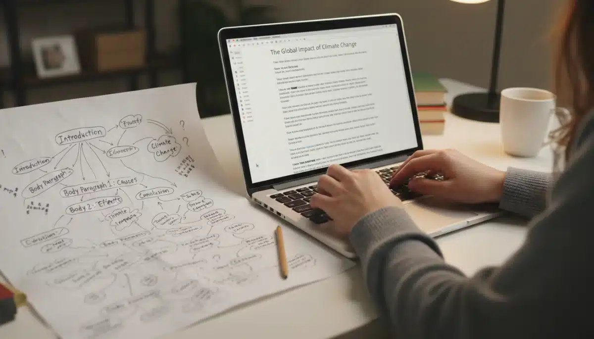 Student typing a college application essay with an outline visible