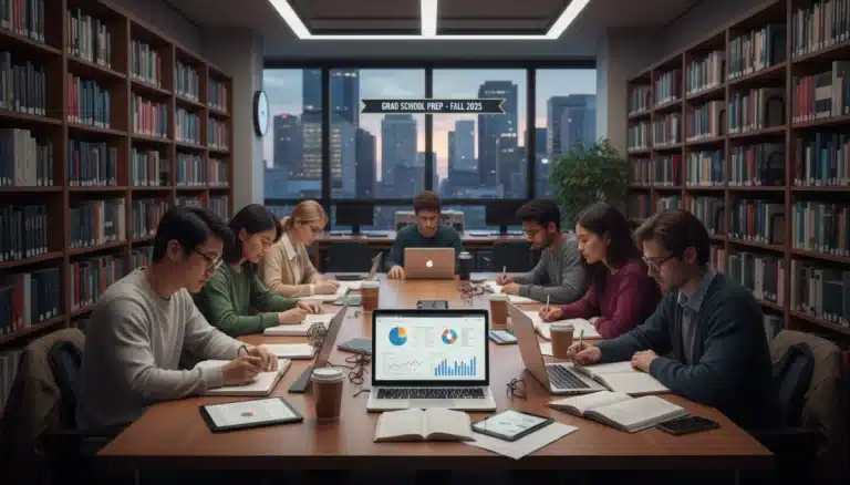 Students preparing for competitive graduate school admissions in a modern library