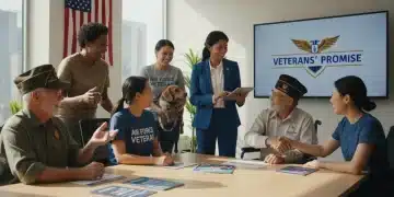 Veterans discussing benefits with a representative in a modern office