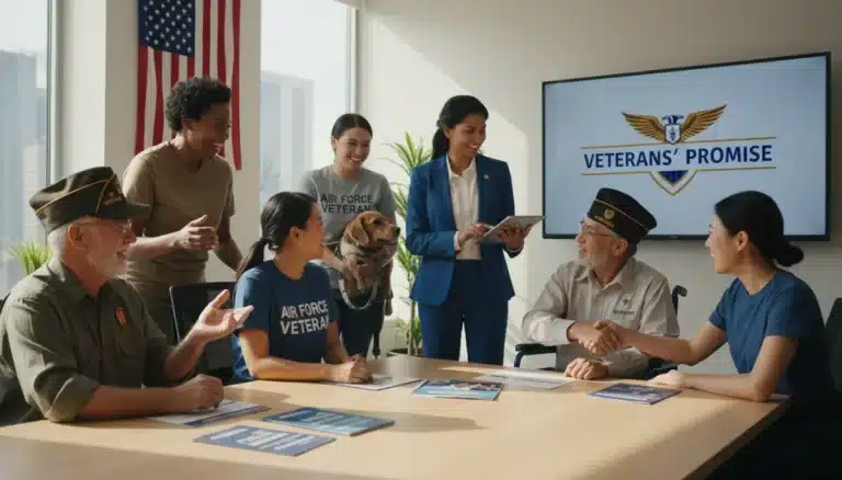Veterans discussing benefits with a representative in a modern office