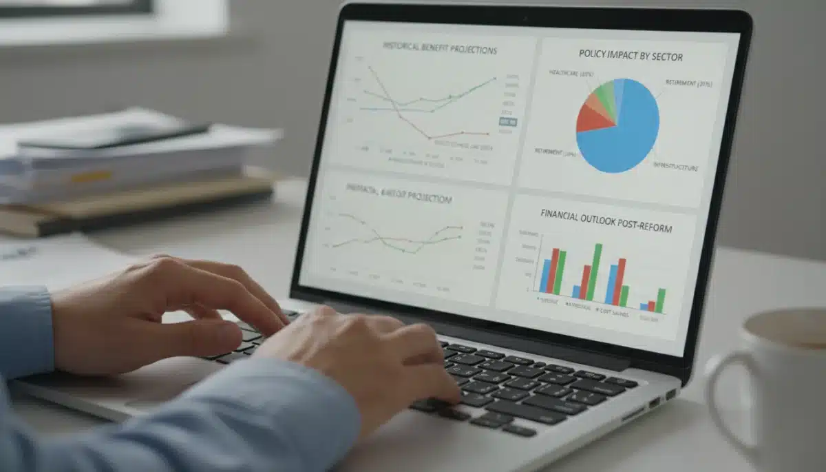 Hands typing on laptop, analyzing financial data and federal benefit policy changes