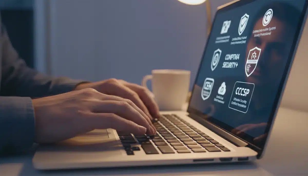 Professional hands typing on laptop, with digital cybersecurity certifications on screen.