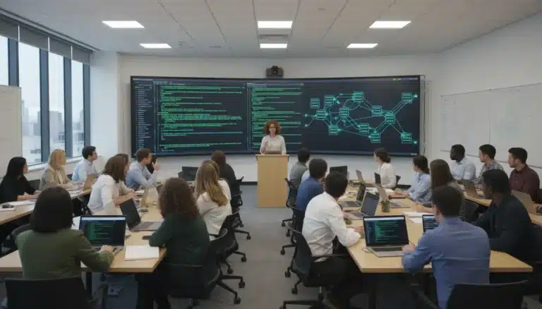 Students learning about cybersecurity in a modern classroom environment, preparing for future job roles.