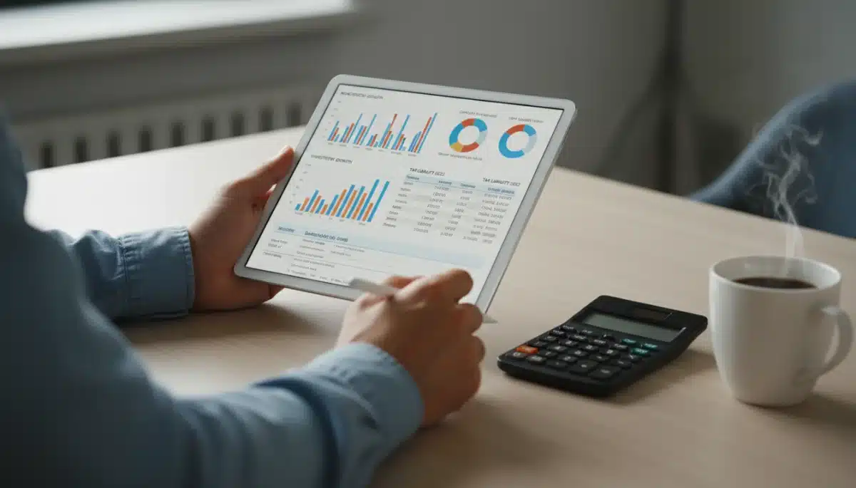 Person reviewing investment portfolio on a tablet with tax forms, symbolizing financial planning and tax strategy.
