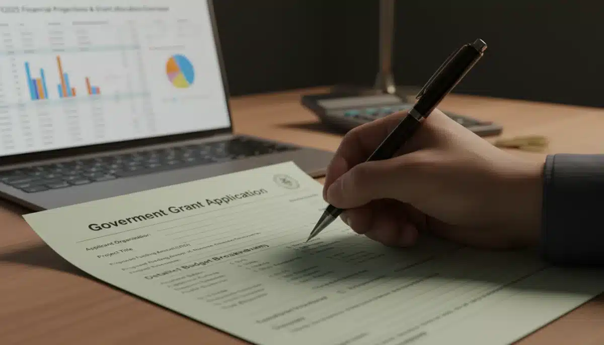 Hand filling out a government grant application for education funding.
