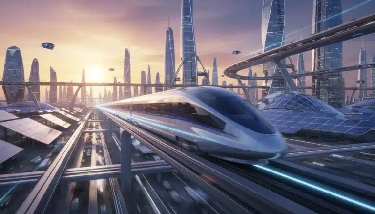 Modern high-speed train on advanced tracks, symbolizing rapid transportation modernization