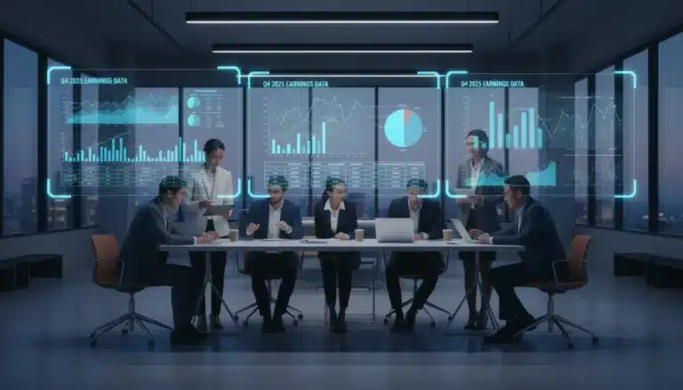 Business professionals analyzing Q4 2025 earnings reports for 2026 investments