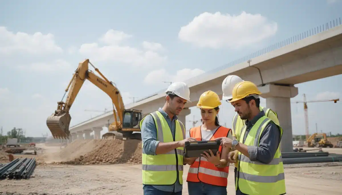 Construction workers reviewing plans at a high-speed rail project site