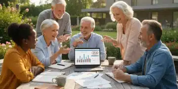 Group of retirees discussing Social Security strategies for 2026 with financial documents